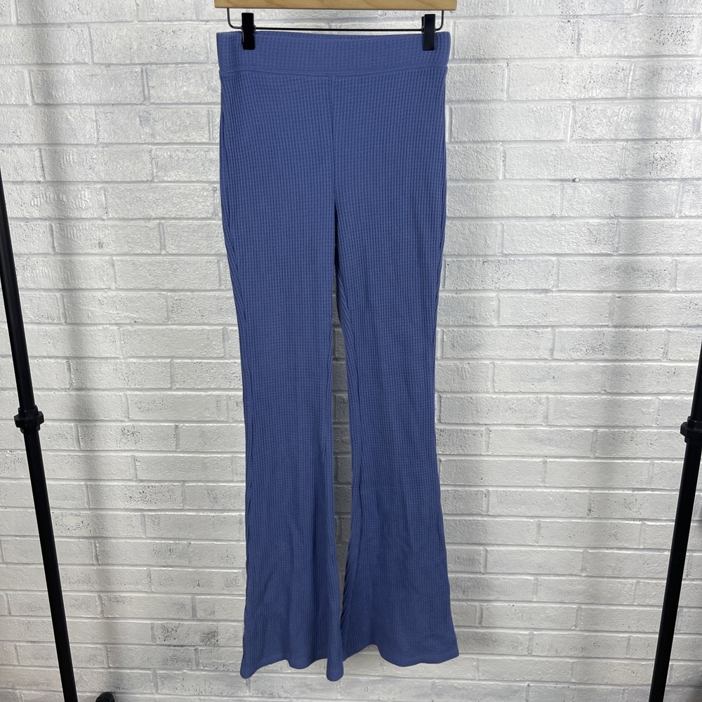 Aerie Blue Waffle Knit Flare Pants Womens S Long Pull On Lounge Cozy Casual